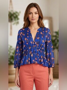 Scotch & Soda Floral Peplum Blouse Blue Boho Chic Top Lightweight Designer